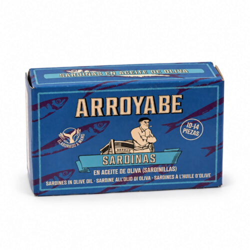 Arroyabe Sardinen in Olivenöl – Vorderseite der blauen Sardinendose