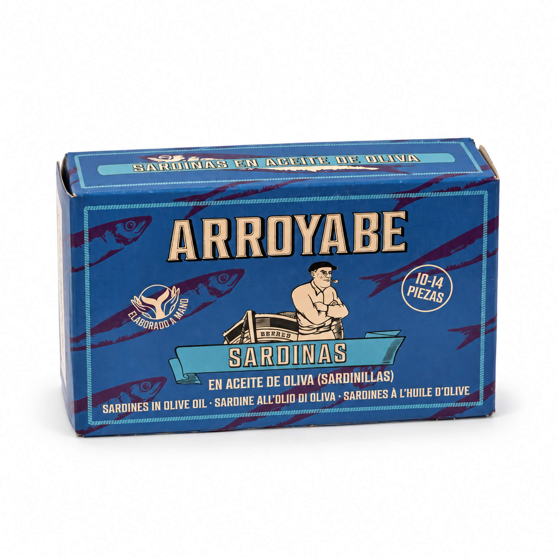 Arroyabe Sardinen in Olivenöl – Vorderseite der blauen Sardinendose
