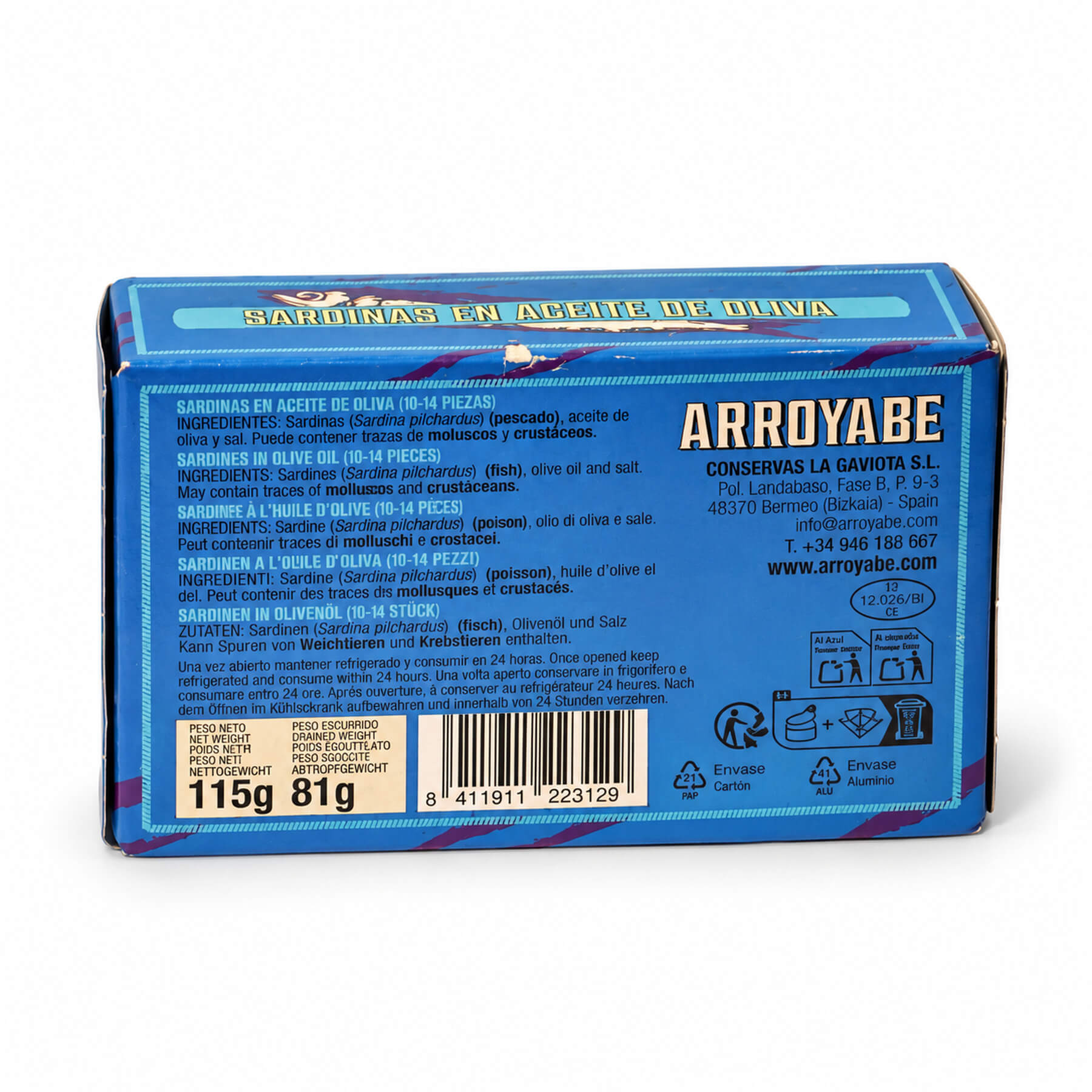 Arroyabe Sardinen in Olivenöl – Rückseite der Verpackung mit Zutaten und Nährwerten