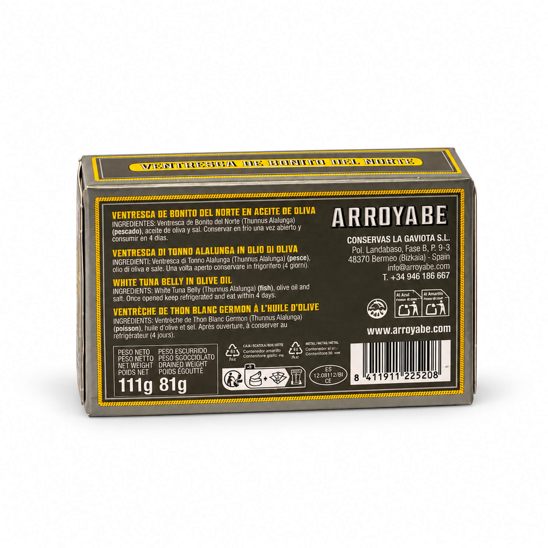 Arroyabe Ventresca vom Bonito del Norte – Rückseite mit Zutaten und Produktangaben